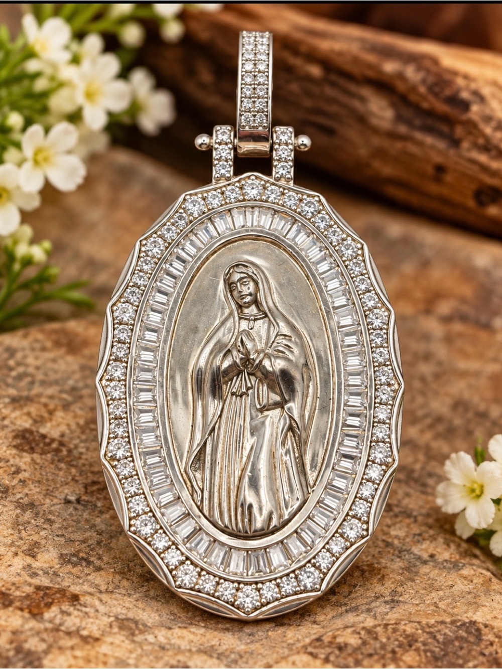 Sterling Silver Miraculous Virgin Mary Pendant with Crystal Halo - Silver